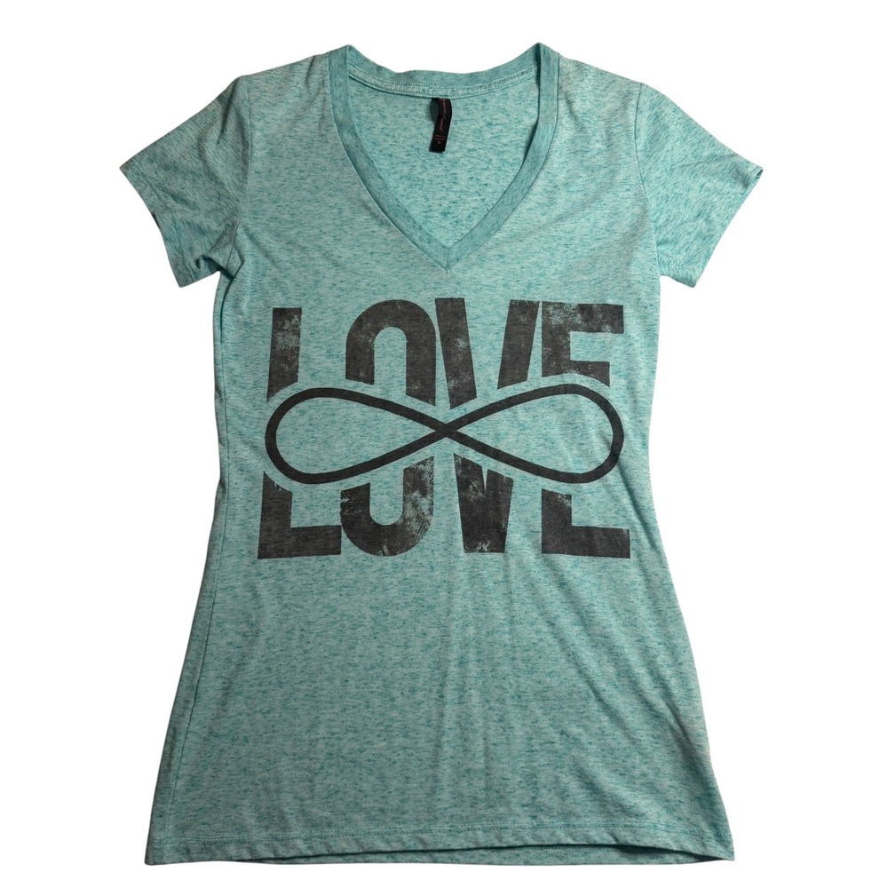 Hybrid Apparel V-Neck Tee Aqua Love Infinity Graphic Shirt Small Women Y2K 2000s